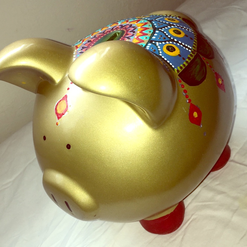 Lucky Golden Piggy Bank.Hand painted original art.